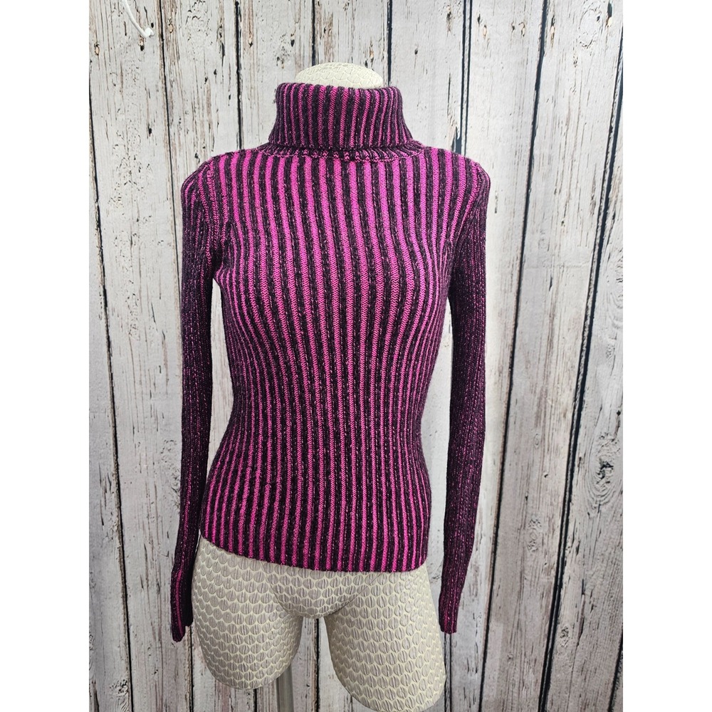 Lovers + Friends XS Pink Black Ribbed Turtleneck Sweater Wool Blend Knit Cozy